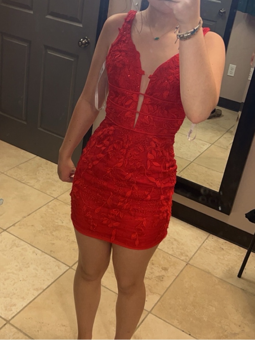 Red Floral Lace Plunging Mini Dress